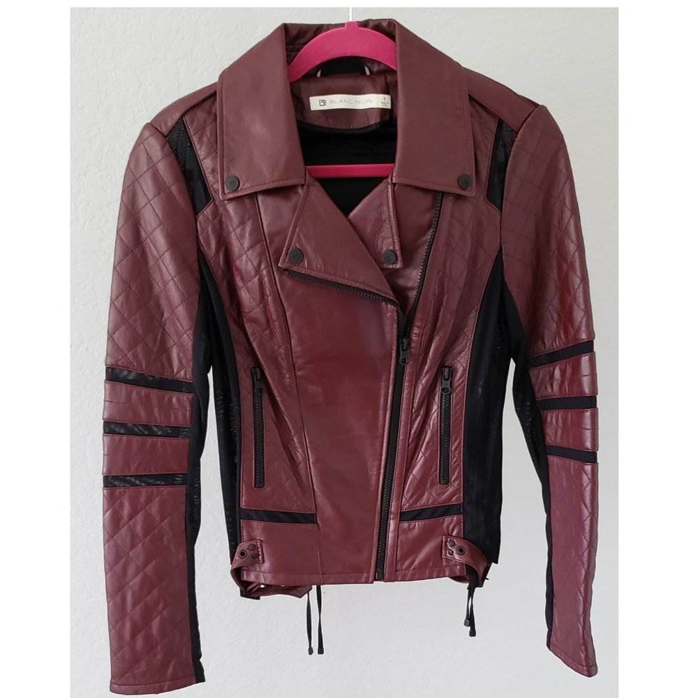 blanc noir Burgundy and Black Quilted Moto Jacket